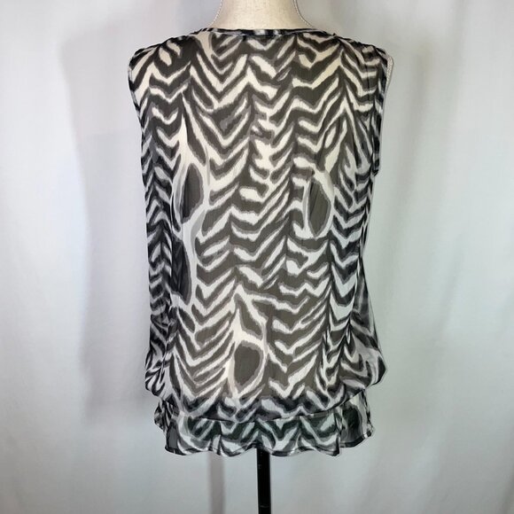 Zebra Print Blouse Size M Semi sheer Black and White Sleeveless Ruffle V Neck - Picture 2 of 8
